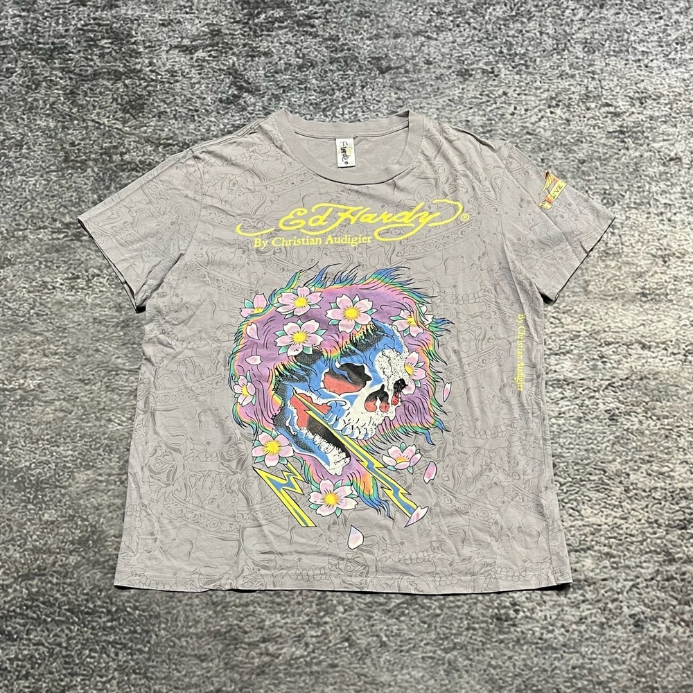 Ed Hardy T Shirt Mens Medium Gray‎ Y2K Skull Cyber Grunge Skater Vintage